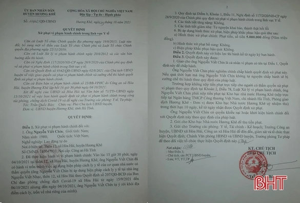 Trốn cách ly y tế, người đàn ông ở Hương Khê bị phạt 5 triệu đồng