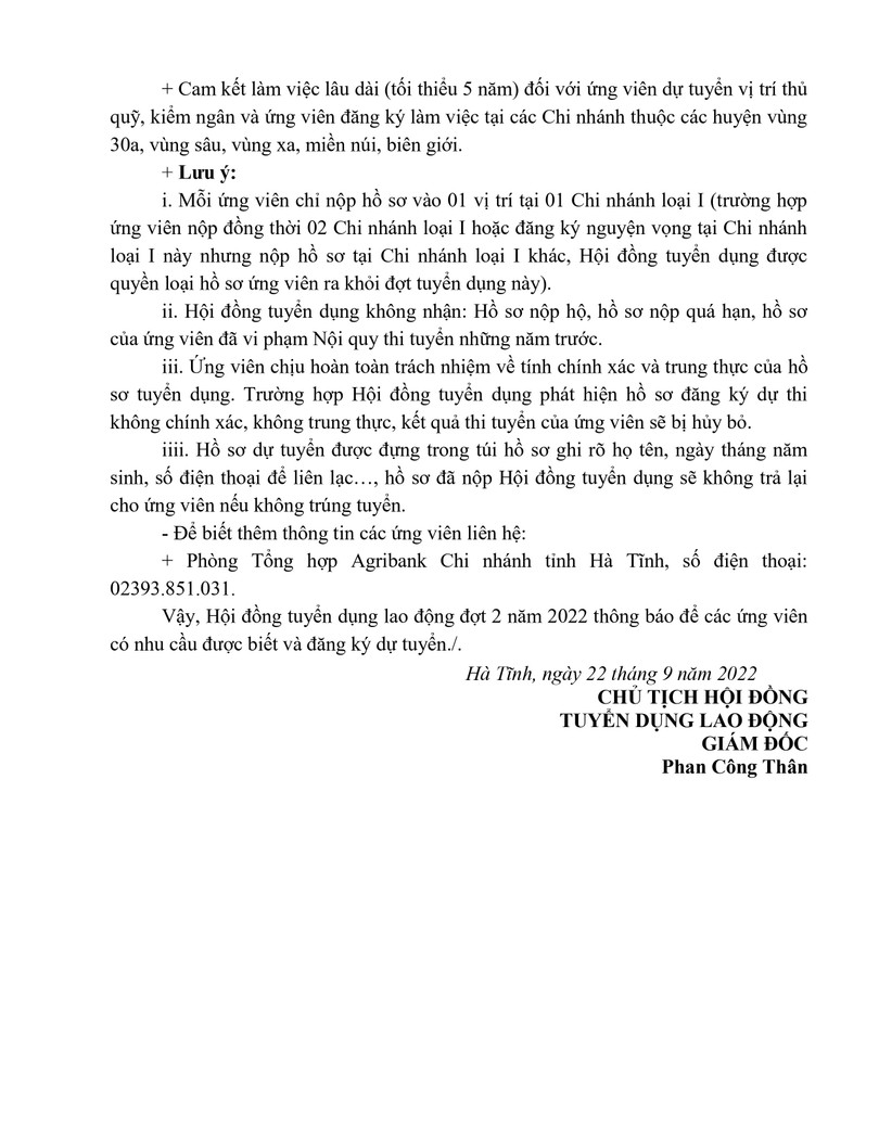 Agribank - Chi nhánh tỉnh Hà Tĩnh tuyển nhân sự