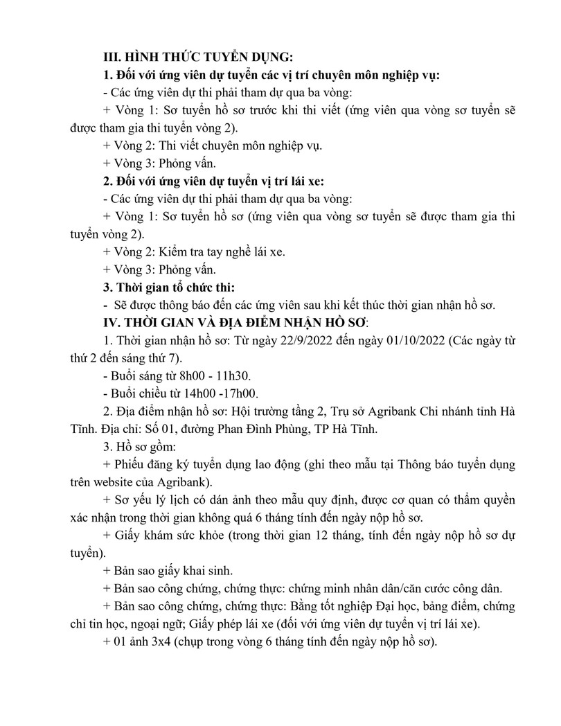 Agribank - Chi nhánh tỉnh Hà Tĩnh tuyển nhân sự