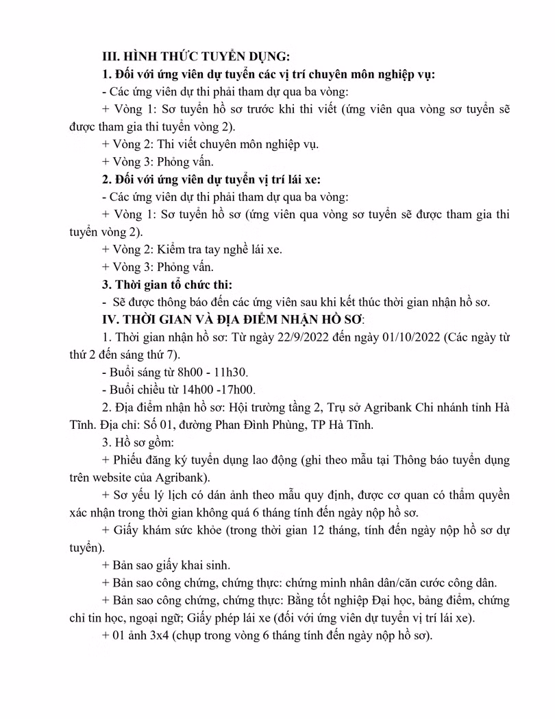 Agribank - Chi nhánh tỉnh Hà Tĩnh tuyển nhân sự