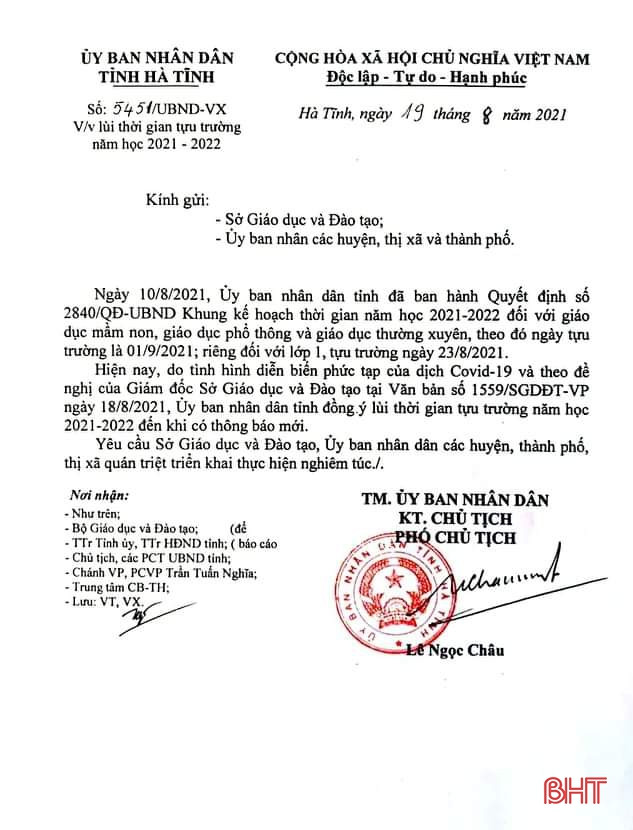 Hà Tĩnh lùi thời gian tựu trường năm học 2021-2022