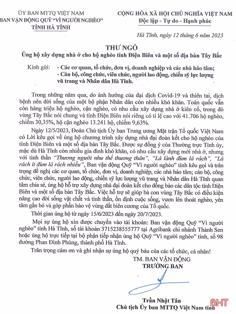 Hà Tĩnh kêu gọi ủng hộ xây 20 căn nhà cho người dân các tỉnh Tây Bắc