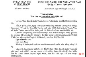 Tìm cha mẹ của bé trai bị bỏ rơi bên cổng nhà dân ở Nghi Xuân