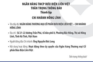 Ngân hàng TMCP Bưu điện Liên Việt thành lập Chi nhánh Hồng Lĩnh