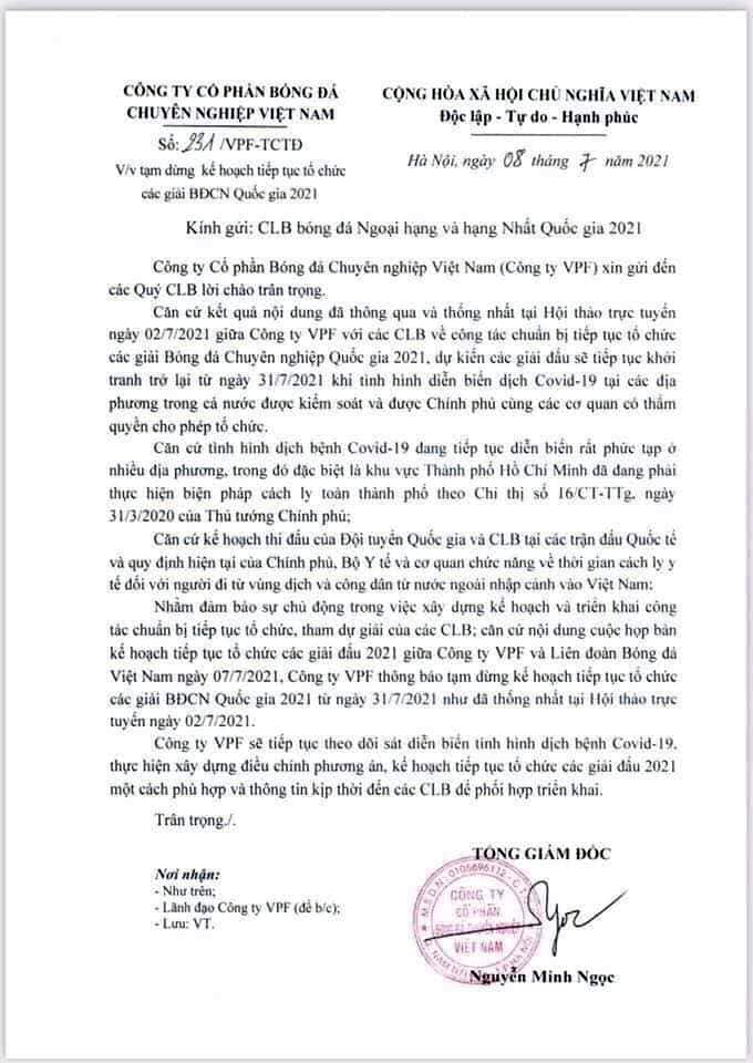 Tạm dừng V.League 2021