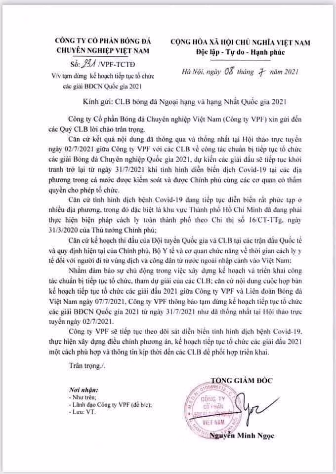 Tạm dừng V.League 2021