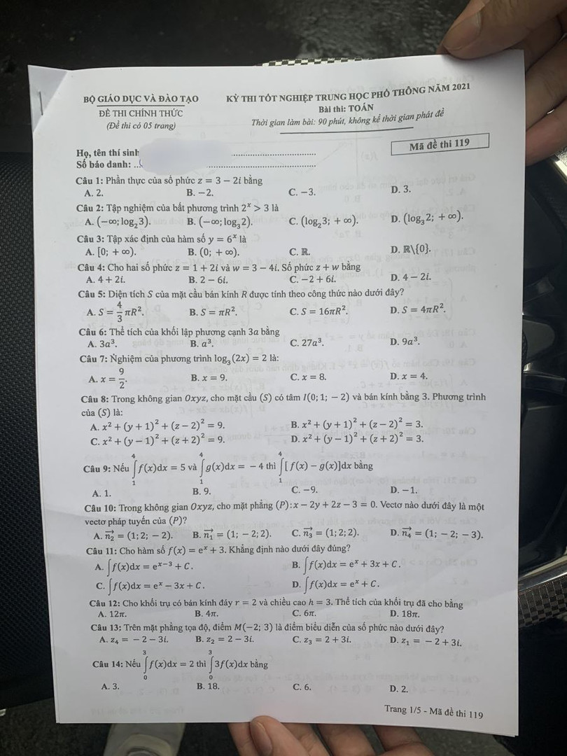 Đề thi môn Toán kỳ thi tốt nghiệp THPT năm 2021