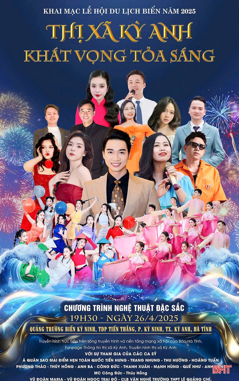 Poster chương trình nghệ thuật khai trương du lịch biển năm 2025 của TX Kỳ Anh. Poster chương trình nghệ thuật khai trương du lịch biển năm 2025 của TX Kỳ Anh.