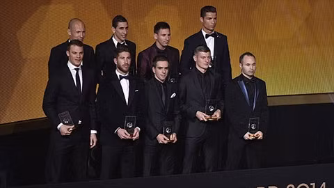 Đội hình tiêu biểu của FIFA năm 2014 Thủ môn: Manuel Neuer (Bayern Munich/Đức) Hậu vệ: Phillip Lahm (Đức/Bayern Munich), David Luiz (Brazil/PSG), Thiago Silva (Brazil/PSG) và Sergio Ramos (Real Madrid/Tây Ban Nha) Tiền vệ: Andres Iniesta (Barcelona/Tây Ban Nha), Toni Kroos (Real Madrid/Đức) và Angel di Maria (Manchester United/Argentina) Tiền đạo: Cristiano Ronaldo (Real Madrid/Bồ Đào Nha), Lionel Messi (Barcelona/Argentina) và Arjen Robben (Bayern Munich/Hà Lan)