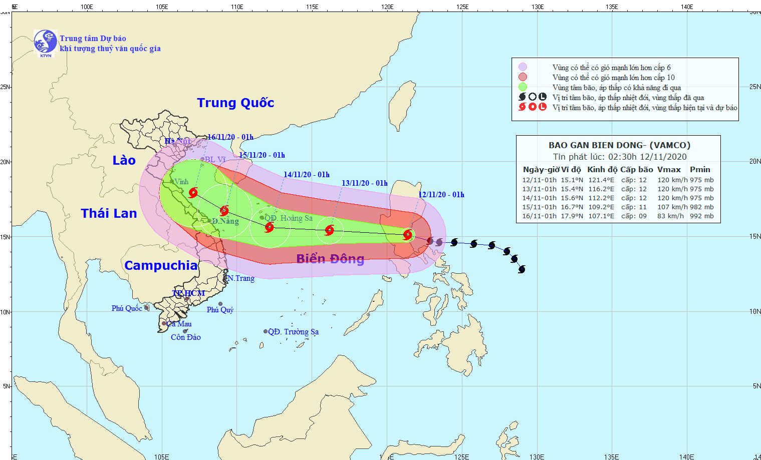 Bão Vamco vào Biển Đông, hướng vùng biển Hà Tĩnh - Quảng Nam 3 ngày tới