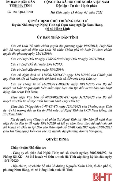 Hà Tĩnh sẽ có thêm nhà máy sợi với mức đầu tư gần 600 tỷ đồng