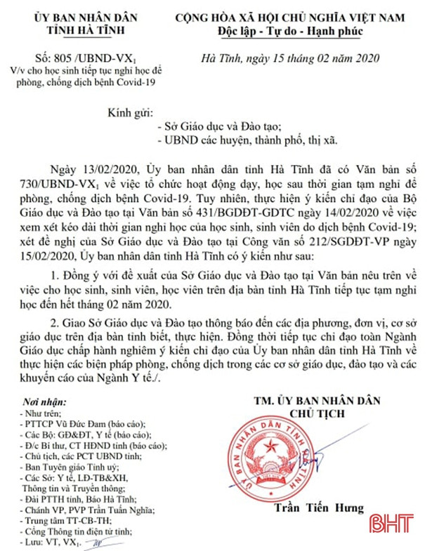 Học sinh Hà Tĩnh nghỉ học đến hết tháng 2
