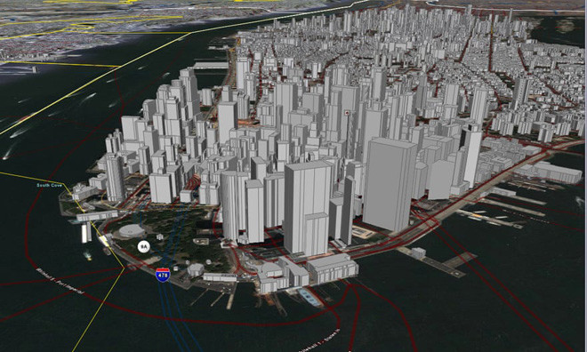 Một phác họa bản đồ khu Manhattan, New York trên Google Earth phiên bản đầu tiên. Google được sử dụng như công cụ tình báo?