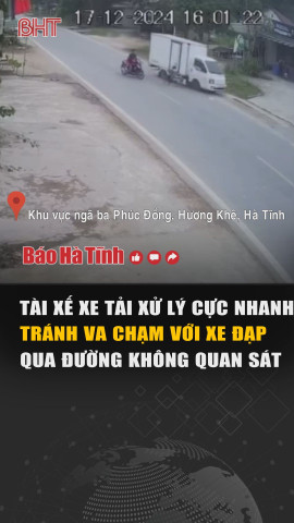 Tài xế xe tải xử lý cực nhanh tránh va chạm với xe đạp qua đường không quan sát