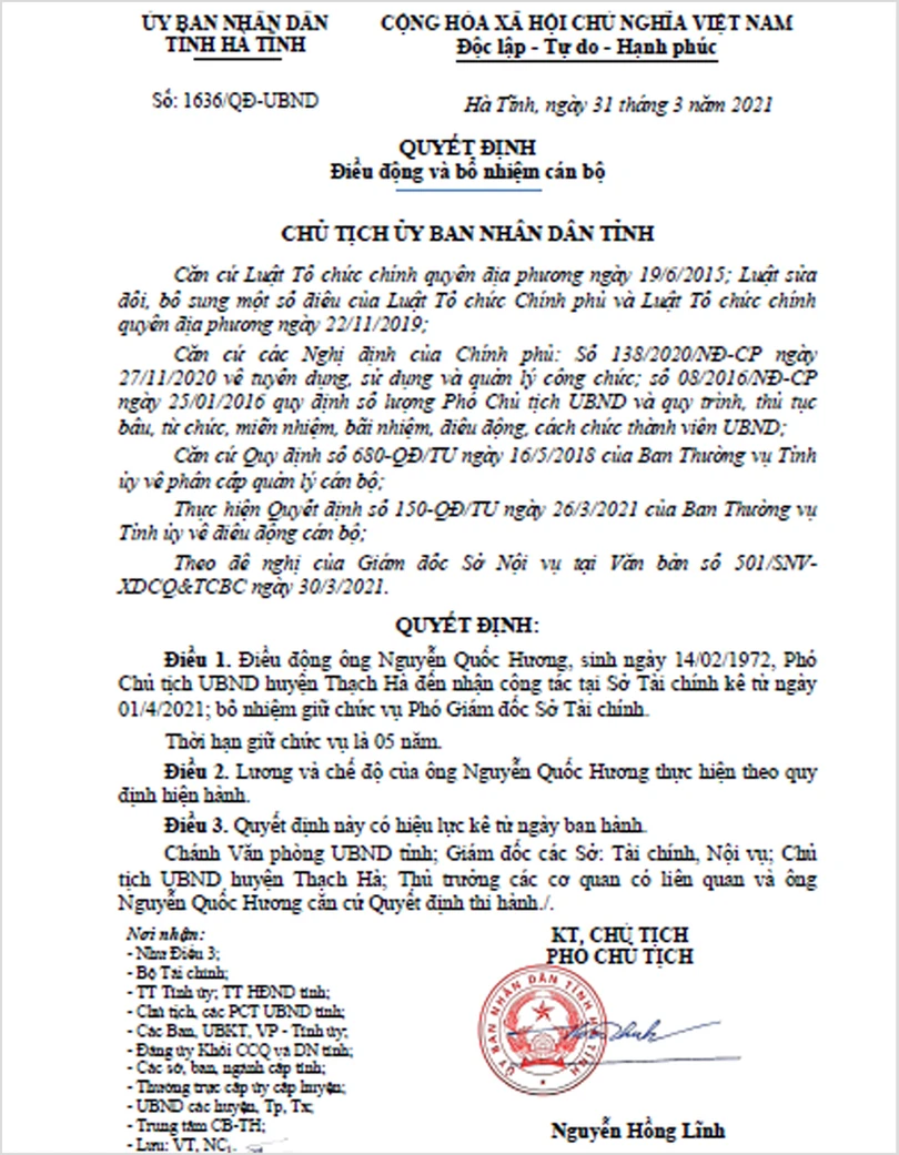 Phó Chủ tịch UBND huyện Thạch Hà giữ chức Phó Giám đốc Sở Tài chính Hà Tĩnh