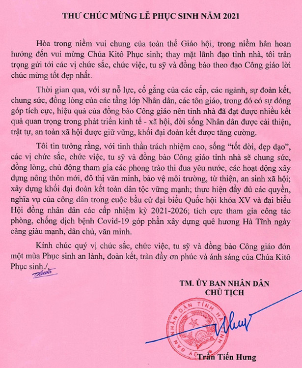 Chủ tịch UBND tỉnh Hà Tĩnh gửi thư chúc mừng Lễ Phục sinh năm 2021