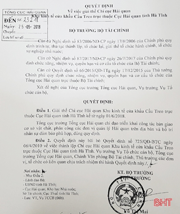 Từ 1/6, giải thể Chi cục Hải quan KKT Cửa khẩu Cầu Treo