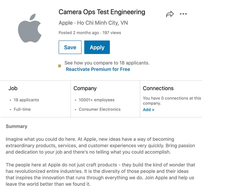 Một trong nhiều mẫu tuyển dụng vị trí kỹ thuật của Apple tại Việt Nam. Dấu hiệu Apple sắp mở nhà máy iPhone ở Việt Nam