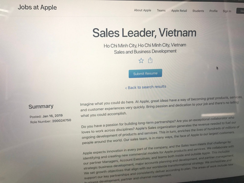 Trước đó, Apple đã nhiều lần đăng tin tuyển dụng, nhưng chỉ tập trung vào các vị trí kinh doanh. Dấu hiệu Apple sắp mở nhà máy iPhone ở Việt Nam