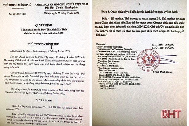 Thủ tướng Chính phủ công nhận huyện Đức Thọ đạt chuẩn nông thôn mới