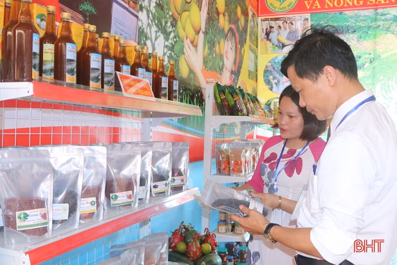 Ấn tượng gian hàng trưng bày sản phẩm nông nghiệp chào mừng Đại hội Đảng của huyện miền núi Hà Tĩnh