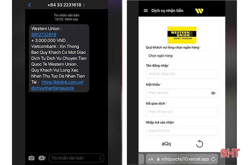 Tin nhắn SMS gửi đường link lạ và giao diện trang web sau khi truy cập. bqbht_br_2.jpg