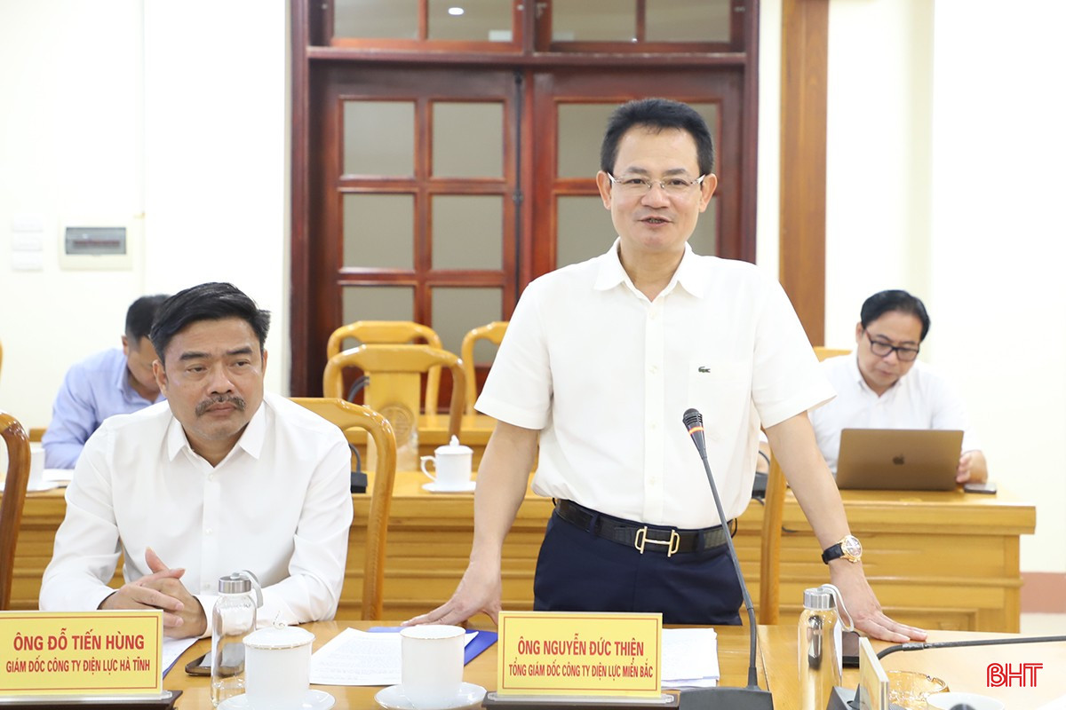 Tổng Giám đốc Tổng Công ty Điện lực miền Bắc Nguyễn Đức Thiện thông tin về các dự án đầu tư lưới điện trên địa bàn, đề xuất các giải pháp tháo gỡ một số khó khăn, vướng mắc và mong muốn tỉnh Hà Tĩnh tiếp tục tạo điều kiện, hỗ trợ, phối hợp chặt chẽ với Tổng Công ty Điện lực miền Bắc, Công ty Điện lực Hà Tĩnh trong thực hiện đầu tư xây dựng các công trình điện. bqbht_br_0.jpg
