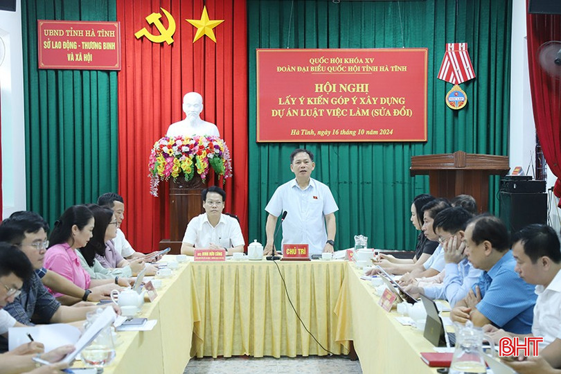Phó Trưởng đoàn chuyên trách Đoàn ĐBQH tỉnh Trần Đình Gia và Phó Giám đốc Sở LĐ-TB&XH Đinh Hữu Công chủ trì hội nghị. p-7628.jpg