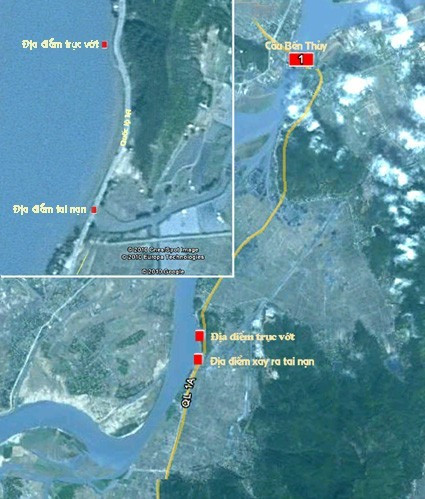 Sơ đồ địa điểm chiếc xe bị lũ cuốn và vị trí trục vớt