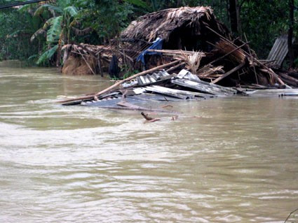 Nhà bà Võ Thị Tịnh ở xóm 10 Cẩm Duệ bị sập, chìm trong nước