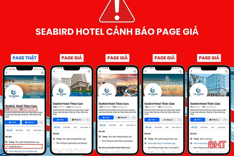 Các fanpage giả mạo fanpage của khách sạn Seabird Hotel Thiên Cầm có rất nhiều lượt thích, lượt theo dõi khiến khách hàng dễ nhầm lẫn. bqbht_br_lua-dao-3.jpg