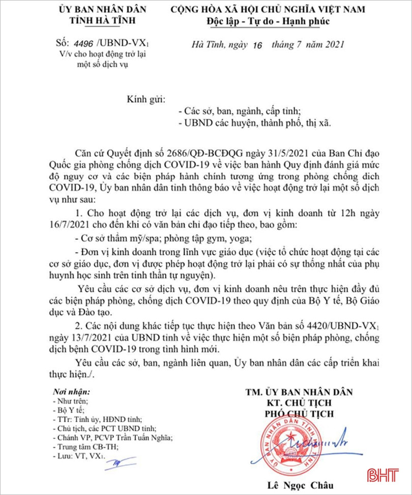 Hà Tĩnh cho phép cơ sở thẩm mỹ, phòng tập gym, dịch vụ giáo dục hoạt động lại từ 12h trưa 16/7