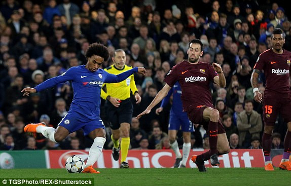 Willian (áo xanh) đã có hiệp đấu quá đen đủi. xem video chelsea 1 1 barcelona