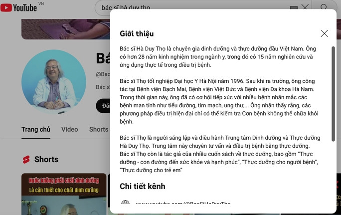 Kênh Youtube có tên “bác sĩ Hà Duy Thọ” giới thiệu ông từng công tác tại nhiều bệnh viện như Bạch Mai, Việt Đức. Ảnh chụp màn hình ngày 16-11 (nld.com.vn) Nên tổng kiểm tra “bác sĩ mạng”