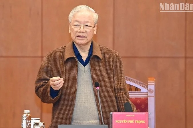 Tổng Bí thư Nguyễn Phú Trọng, Trưởng ban Chỉ đạo phát biểu tại cuộc họp. (Ảnh: DUY LINH) Cho ý kiến về kết quả chỉ đạo xử lý một số vụ án đặc biệt nghiêm trọng