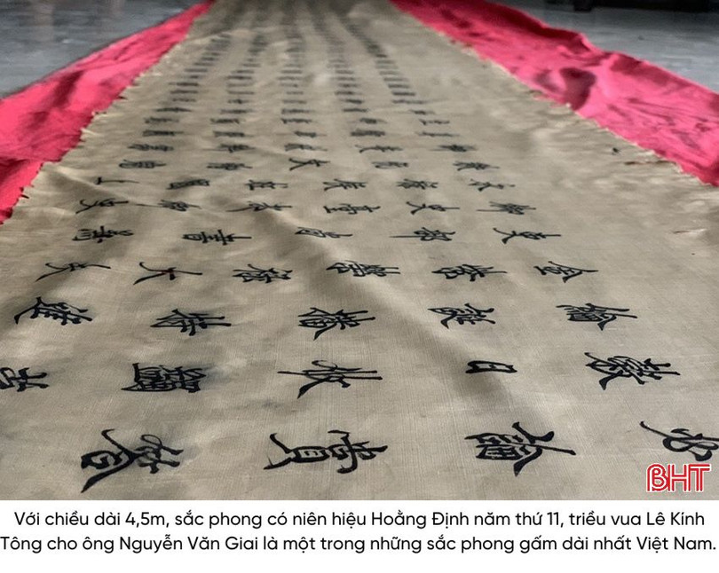 Dòng họ Nguyễn Văn ở huyện Lộc Hà, Hà Tĩnh đang lưu giữ một trong những sắc phong gấm dài nhất Việt Nam. Đây là sắc phong thuộc triều vua nào?