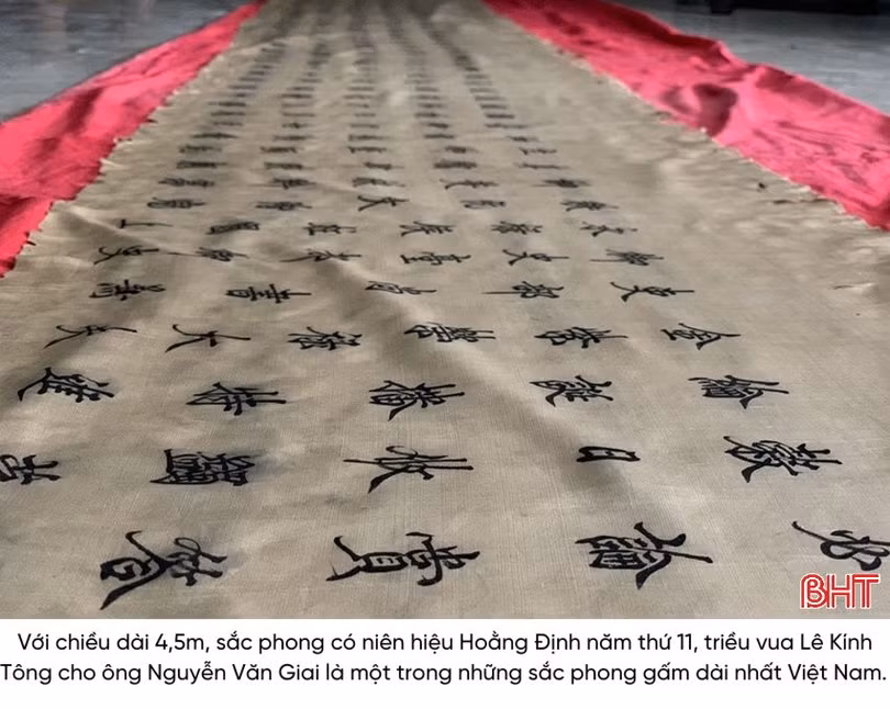 Dòng họ Nguyễn Văn ở huyện Lộc Hà, Hà Tĩnh đang lưu giữ một trong những sắc phong gấm dài nhất Việt Nam. Đây là sắc phong thuộc triều vua nào?