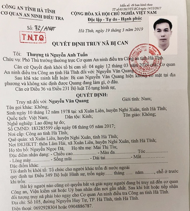 Công an Hà Tĩnh truy nã đối tượng tổ chức đưa người trái phép sang Đài Loan