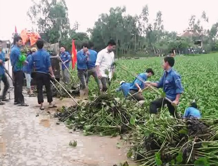Xã Hồng Lộc huy động đoàn viên thanh niên vớt bèo trên Sông Én