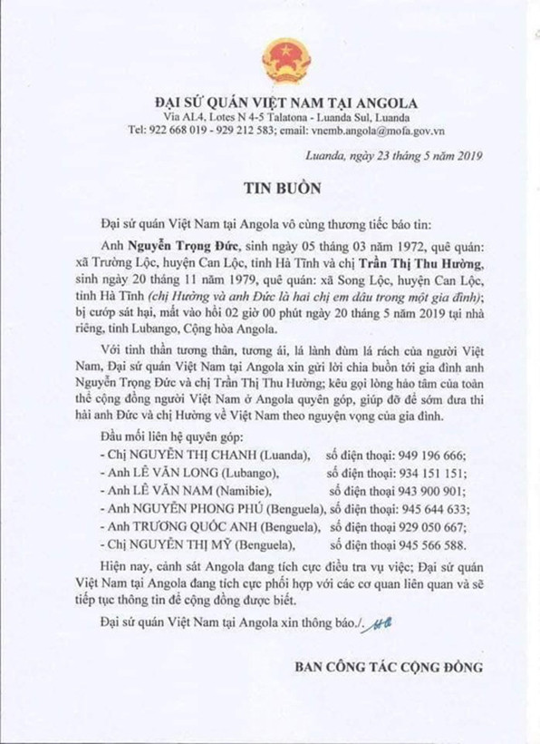 Sở LĐ-TB&XH Hà Tĩnh thăm hỏi, hỗ trợ gia đình có 2 lao động tử vong do cướp sát hại tại Angola