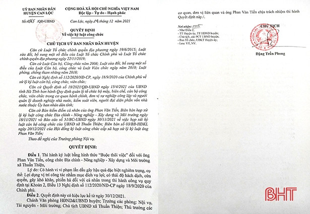 Buộc thôi việc công chức địa chính xã ở Can Lộc