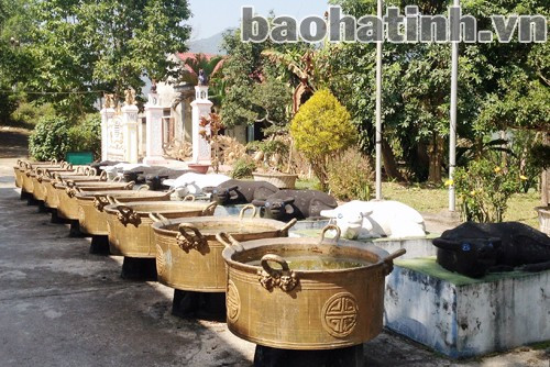 Trước sân Đền là hình ảnh 9 con trâu (đen và trắng) nằm sau 9 vạc nước lớn chờ tế