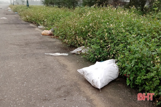 Rác bừa bãi trên đường vào trung tâm hành chính huyện Lộc Hà