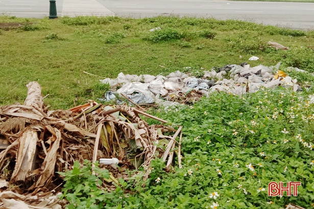 Rác bừa bãi trên đường vào trung tâm hành chính huyện Lộc Hà