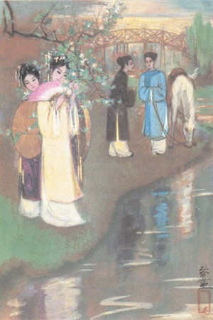 Kiều gặp Kim Trọng được tái hiện qua tranh. Ảnh: Internet