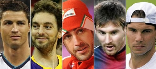 Từ trái qua: Ronaldo, Pau Gasol, Fernando Alonso, Messi và Rafa Nadal.