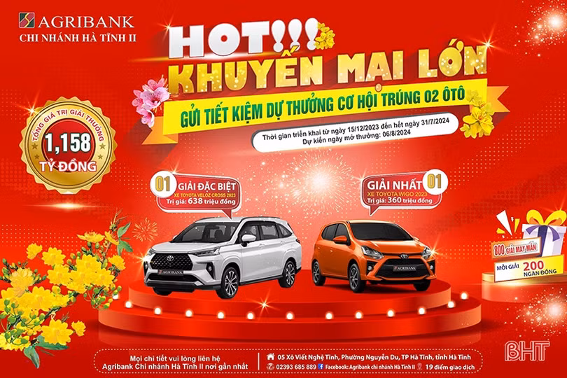 Gửi tiết kiệm Agribank Hà Tĩnh II có cơ hội trúng Toyota Veloz Cross hoặc Toyota Wigo