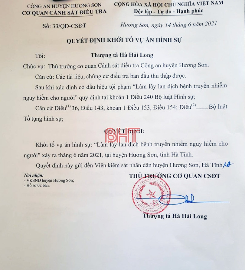 Công an Hương Sơn khởi tố vụ án làm lây lan dịch bệnh truyền nhiễm nguy hiểm cho người