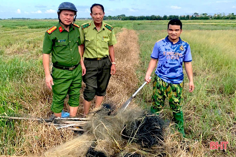Các lực lượng chuyên môn tổ chức tiêu hủy các dụng cụ đánh bắt chim trời trái phép tại xã Đồng Môn. 123.jpg