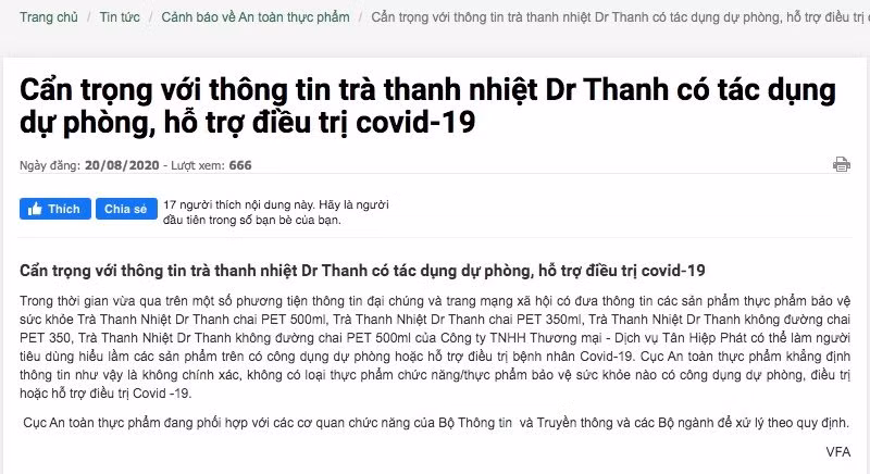 Cẩn trọng với thông tin trà thanh nhiệt Dr Thanh có tác dụng dự phòng, hỗ trợ điều trị Covid-19